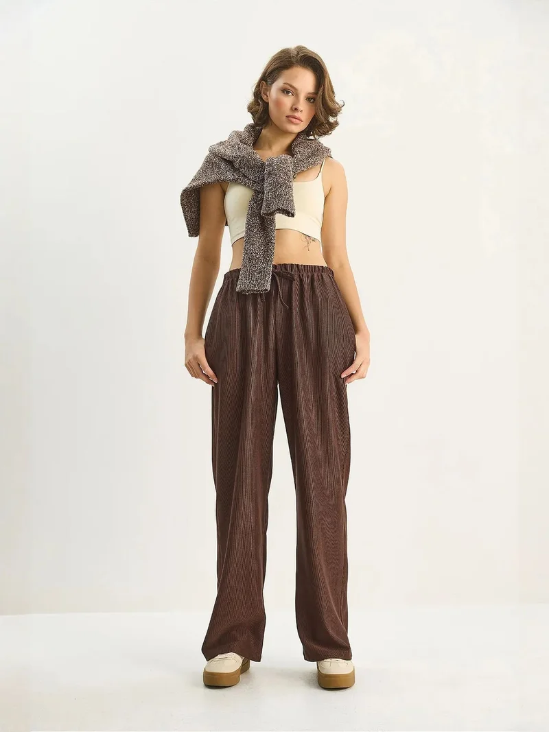 Bianco Lucci Dark Mocha Brown LUCCI High Waist Wide Leg Pants for Women | Best Price UAE